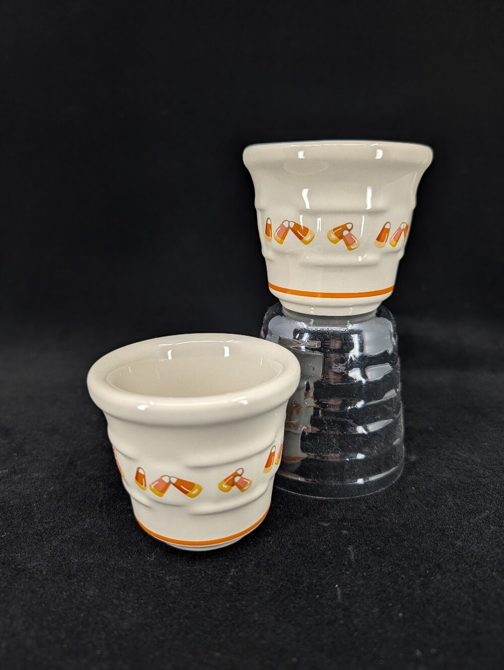 Longaberger Woven Tradition Pottery 1999 Halloween Candy Corn Votive Cup Set (2)